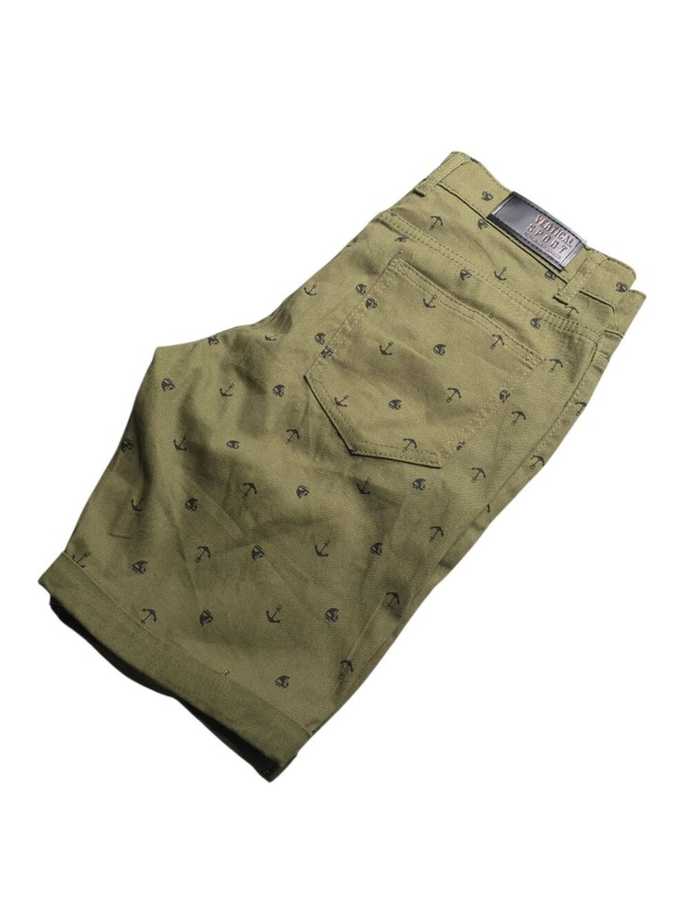 Vertical Sport Mens Anchor Print Shorts 34 Olive Casual Summer Wear Stretch